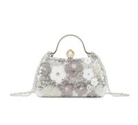 She & Bags Women's Sequined Floral Clutch Bag Beaded Evening Purse Formal Handbag with Metallic Handle and Detachable Chain for Wedding Party Prom and Special Events (Silver)