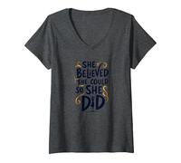 She Believed She Could So She Did Inspirational V-Neck T-Shirt, Women, Dark Heather Grey, M