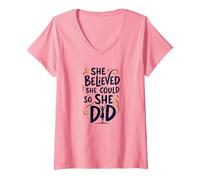 She Believed She Could So She Did Inspirational V-Neck T-Shirt, Women, Pink, M
