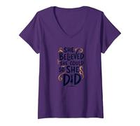 She Believed She Could So She Did Inspirational V-Neck T-Shirt, Women, Purple, M
