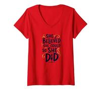 She Believed She Could So She Did Inspirational V-Neck T-Shirt, Women, Red, M