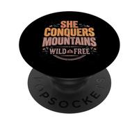 She Conquers Mountains Wild and Free Hiking Typography PopSockets Adhesive PopGrip