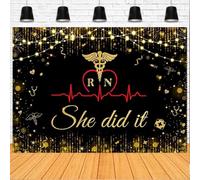 She Did It Photography Background Nurse Graduation Backdrop Black Gold Congrats Gliter Nurse Grad Celebrate Class of Party Decor Stethoscope Heartbeat Curve Backdrop(Black, 7x5feet)