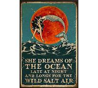 She Dreams of The Ocean Late at Night Mermaid Poster Metal Sign 8X12 Inch