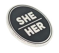 She Her Pronoun Pin Black and Silver Circular Hard Enamel Pronoun Pin | She Her Gender Identity Workplace Pronoun Button, 1.25 inches, Zinc, star