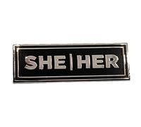 She/Her Rectangle Silver & Black Enamel Pronoun Magnet Back Pin