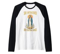 SHE INTERCEDED, Everything Changed. Virgin Mary Raglan Baseball Tee