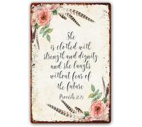 She Is Clothed In Power And Would Proverbs 31:25 Metal Signs Bible Verses Wall Decor Scripture Art Modern Artwork for Walls Decorative Prints Paintings 8"x12"