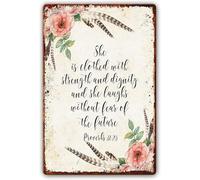 She Is Clothed In Power And Would Proverbs 31:25 Metal Signs Bible Verses Wall Decor Scripture Wall Art Modern Artwork For Walls Decorative Prints Paintings Metal Tin Sign 8"x12"