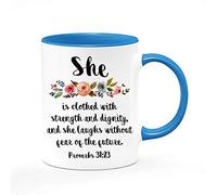 She is Clothed with Strength & Dignity Themed Wedding Anniversary, Valentine’s Day Present 11oz / 15oz Ceramic Mug. (Blue Inside Coloured & Blue Handle Mug)