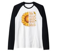 She is Clothed with Strength Proverbs 31 Christian Sunflower Raglan Baseball Tee
