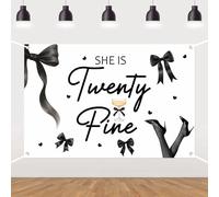 She is Twenty Fine Backdrop Black Bow 25th Birthday Party Decorations Modern Twenty Fine Birthday Decor for Women Girls 25th Birthday Party Decor Supplies 5×3ft