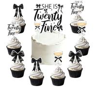 She Is Twenty Fine Cake Cupcake Topper Black Bow 25th Birthday Party Decorations Modern Twenty Fine Birthday Decor for Women Girls 25th Birthday Party Decor Supplies