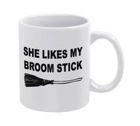 She Likes My Broom Stick Funny Halloween-1 White Ceramic Coffee Mug 11 Oz, Double-Sided Printed Tea Cup with Ergonomic C-Handle, Thickened Bottom Porcelain Drinkware for Home Office Kitchen, Novelty G