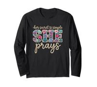 She Prays Floral Christian Faith Quote Rope Style Text Long Sleeve T-Shirt