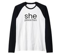 She Preaches Woman Pastor Female Preacher Ministry Raglan Baseball Tee