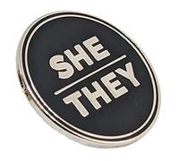 She They Pronoun Pin Black and Silver Circular Hard Enamel Pronoun Button Badge