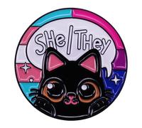 She/They Pronouns Cute Black Cat Metal Badge Rainbow Animal Brooch Pin for Pride Parades or Everyday Wear