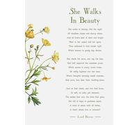 She Walks in Beauty Poem Print by Lord Byron, Botanical Yellow Flower Art, Green Text Wall Decor. Size A4