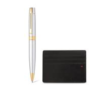 Sheaffer Gift Set 300 9342 Bright Chrome Ballpoint Pen with Gold Plated Trims and Credit Card Holder