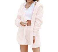Shebella Pajama Set 3PCS,Hooded Cardigan Fuzzy Warm Outfit Fleece Coat Crop Top Shorts Set,Womens Pajamas (6,S)