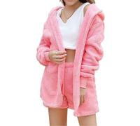 Shebella Pajama Set 3PCS,Hooded Cardigan Fuzzy Warm Outfit Fleece Coat Crop Top Shorts Set,Womens Pajamas (7,S)