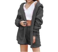 Shebella Pajama Set 3PCS,Hooded Cardigan Fuzzy Warm Outfit Fleece Coat Crop Top Shorts Set,Womens Pajamas (12,M)