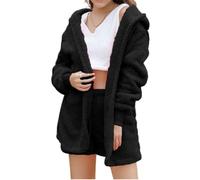 Shebella Pajama Set 3PCS,Hooded Cardigan Fuzzy Warm Outfit Fleece Coat Crop Top Shorts Set,Womens Pajamas (5,S)