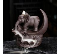 SHEBUYLLI Backflow Incense Burner Elephant Moon Handicraft Incense Holder Ceramic Fountain Censer + Cones Sticks Tweezer Mat for Home Office (Brown)