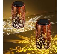 SHEDALED Solar Lanterns Outdoor 2Pack, Upgraded Amber & White Light Modes Adjustable, Metal Hanging Garden Solar Lights Decoration Waterproof, Bird Pattern Garden Ornaments Gifts for Women Mum Grandma