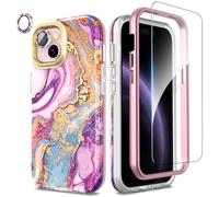 SHEDEER 4-in-1 iPhone 15 Case with Screen Protector + Bumper & Camera Protector | Military-Grade Shockproof 360° Protection, 15 Phone Case Glossy Fade-Resistant Pattern Design (Purple)