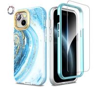 SHEDEER 4-in-1 iPhone 15 Case with Screen Protector + Bumper & Camera Protector | Military-Grade Shockproof 360° Protection, 15 Phone Case Glossy Fade-Resistant Pattern Design (Blue)