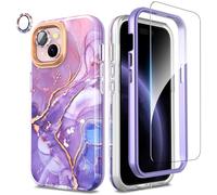 SHEDEER 4-in-1 iPhone 15 Case with Screen Protector + Bumper & Camera Protector | Military-Grade Shockproof 360° Protection, 15 Phone Case Glossy Fade-Resistant Pattern Design (Purple)