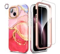 SHEDEER 4-in-1 iPhone 15 Case with Screen Protector + Bumper & Camera Protector | Military-Grade Shockproof 360° Protection, 15 Phone Case Glossy Fade-Resistant Pattern Design (Pink)