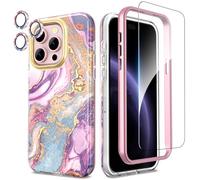 SHEDEER 4-in-1 iPhone 15 Pro Case with Screen Protector + Bumper & Camera Protector | Military-Grade Shockproof 360° Protection, 15 Pro Case Glossy Fade-Resistant Pattern Design (Purple)
