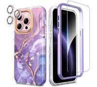 SHEDEER 4-in-1 iPhone 15 Pro Case with Screen Protector + Bumper & Camera Protector | Military-Grade Shockproof 360° Protection, 15 Pro Case Glossy Fade-Resistant Pattern Design (Purple)