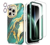 SHEDEER 4-in-1 iPhone 15 Pro Case with Screen Protector + Bumper & Camera Protector | Military-Grade Shockproof 360° Protection, 15 Pro Case Glossy Fade-Resistant Pattern Design (Green)