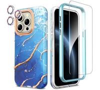 SHEDEER 4-in-1 iPhone 15 Pro Case with Screen Protector + Bumper & Camera Protector | Military-Grade Shockproof 360° Protection, 15 Pro Case Glossy Fade-Resistant Pattern Design (Blue)