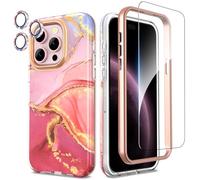 SHEDEER 4-in-1 iPhone 15 Pro Case with Screen Protector + Bumper & Camera Protector | Military-Grade Shockproof 360° Protection, 15 Pro Case Glossy Fade-Resistant Pattern Design (Pink)