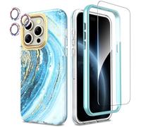 SHEDEER 4-in-1 iPhone 15 Pro Case with Screen Protector + Bumper & Camera Protector | Military-Grade Shockproof 360° Protection, 15 Pro Case Glossy Fade-Resistant Pattern Design (Blue)