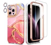 SHEDEER 4-in-1 iPhone 15 Pro Max Case with Screen Protector & Camera Protector, Shockproof TPU Bumper | Military-Grade 360° Protection, Glossy Fade-Resistant Design Phone Cases (Pink)