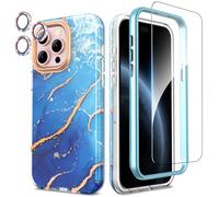 SHEDEER 4-in-1 iPhone 15 Pro Max Case with Screen Protector & Camera Protector, Shockproof TPU Bumper | Military-Grade 360° Protection, Glossy Fade-Resistant Design Phone Cases (Blue)