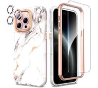SHEDEER 4-in-1 iPhone 15 Pro Max Case with Screen Protector + Bumper & Camera Protector | Military-Grade Shockproof 360° Protection, 15 Pro Max Case Glossy Fade-Resistant Pattern Design (Marble)