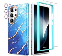SHEDEER 4-in-1 Samsung Galaxy S24 Ultra Case with Screen Protector + Bumper & Camera Protector | Military-Grade Shockproof 360° Protection, S24 Ultra Case Glossy Fade-Resistant Pattern Design (Blue)