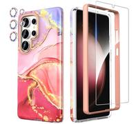 SHEDEER 4-in-1 Samsung Galaxy S25 Ultra Case with Screen Protector & Camera Protector, Military-Grade 360° Shockproof TPU Bumper, Fade-Resistant Glossy Design Cover (Pink)