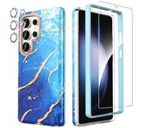 SHEDEER 4-in-1 Samsung Galaxy S25 Ultra Case with Screen Protector + Bumper & Camera Protector | Military-Grade Shockproof 360° Protection, Glossy Fade-Resistant Pattern Design Phone Cases (Blue)