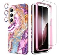 SHEDEER 4-in-1 Samsung S24 Case with Screen Protector + Bumper & Camera Protector | Military-Grade Shockproof 360° Protection, Samsung Galaxy S24 Case Glossy Fade-Resistant Pattern Design (Purple)