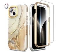 SHEDEER for iPhone 15 Case with Screen Protector + Bumper & Camera Protector, TPU Shockproof 360° Protection, iPhone 15 Cases Glossy Fade-Resistant Pattern Phone Case 15, Beige
