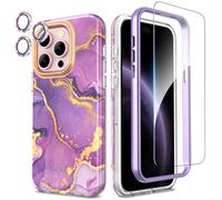 SHEDEER 4-in-1 iPhone 15 Pro Case with Screen Protector + Bumper & Camera Protector | Military-Grade Shockproof 360° Protection, 15 Pro Case Glossy Fade-Resistant Pattern Design (Purple)