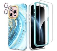 SHEDEER 4-in-1 iPhone 15 Pro Max Case with Screen Protector + Bumper & Camera Protector | Military-Grade Shockproof 360° Protection, 15 Pro Max Case Glossy Fade-Resistant Pattern Design (Blue)